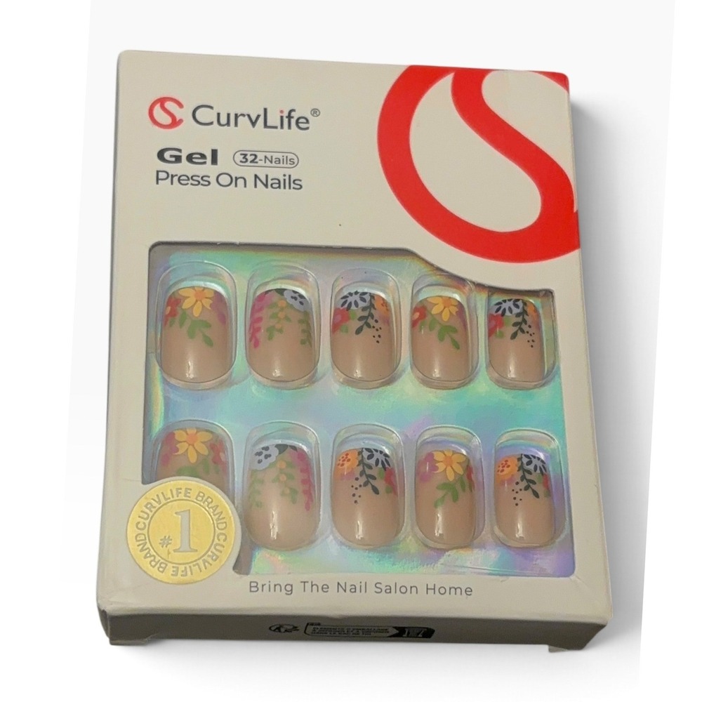 CurvLife Gel Press On Nails 32ct Short Round Nude Floral Flower Art Manicure Set